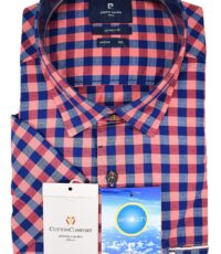 Pierre Cardin overhemd korte mouw blush en blauw ruitje