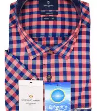 Pierre Cardin overhemd korte mouw blush en blauw ruitje