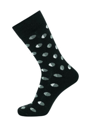 1 paar heren sokken van het merk Claudio in zwart met wit en grijs rondjes patroon.
