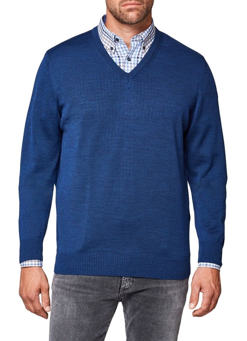 Maerz grote maat trui V-hals blauw lange mouw 100% wol