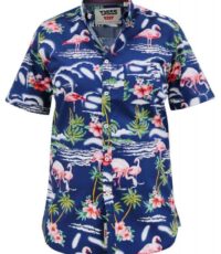 D555 grote maat korte mouw Hawaii overhemd met borstzak donkerblauw flamingo design