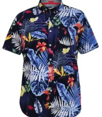D555 grote maat korte mouw overhemd met borstzak donkerblauw Hawaii design