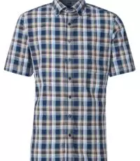 Casa Moda grote maat overhemd korte mouw blauw en camel ruit button down