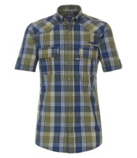 Redmond overhemd korte mouw met borstzakje in een blauw en groene ruit dubbele borstzakken