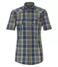 Redmond overhemd korte mouw met borstzakje in een blauw en groene ruit dubbele borstzakken