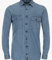 Casa Moda overhemd grote maat lange mouw denim dubbele borstzakken