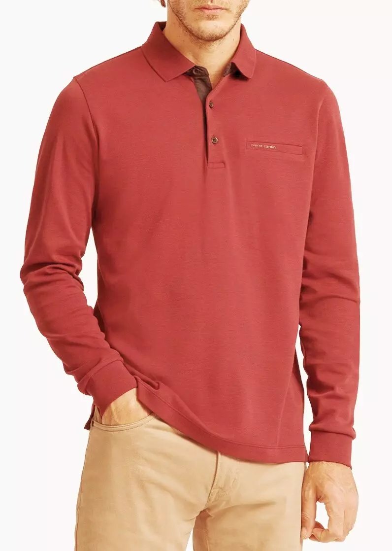 Pierre Cardin grote maat poloshirt lange mouw met borstzakje in rood