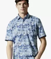 Casa Moda overhemd korte mouw met borstzakje blauw blad design