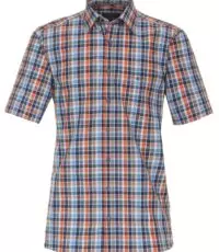 Casa Moda overhemd korte mouw met borstzakje in een blauw en terra ruit