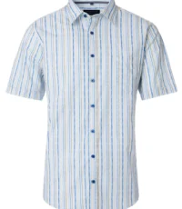 Casa Moda overhemd korte mouw blauw en olijfgroen lengte streepje