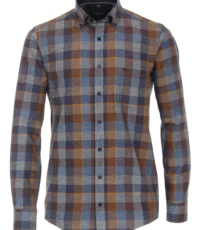 Casa Moda overhemd lange mouw blauw en camel ruit