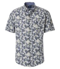 Redmond overhemd korte mouw met borstzakje blauw blad fantasie