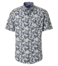 Redmond overhemd korte mouw met borstzakje blauw blad fantasie